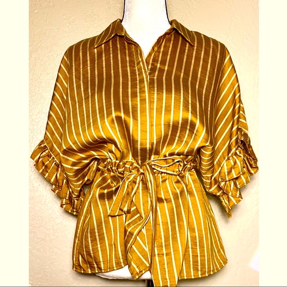 Zara Gold Ruffled Short Sleeve Top - Picture 2 of 7